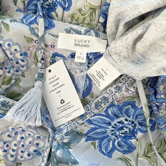 Lucky Brand Blue Floral Pattern Elastic Waist Long Sleeve Bohemian Dress NWT L - Picture 7 of 7